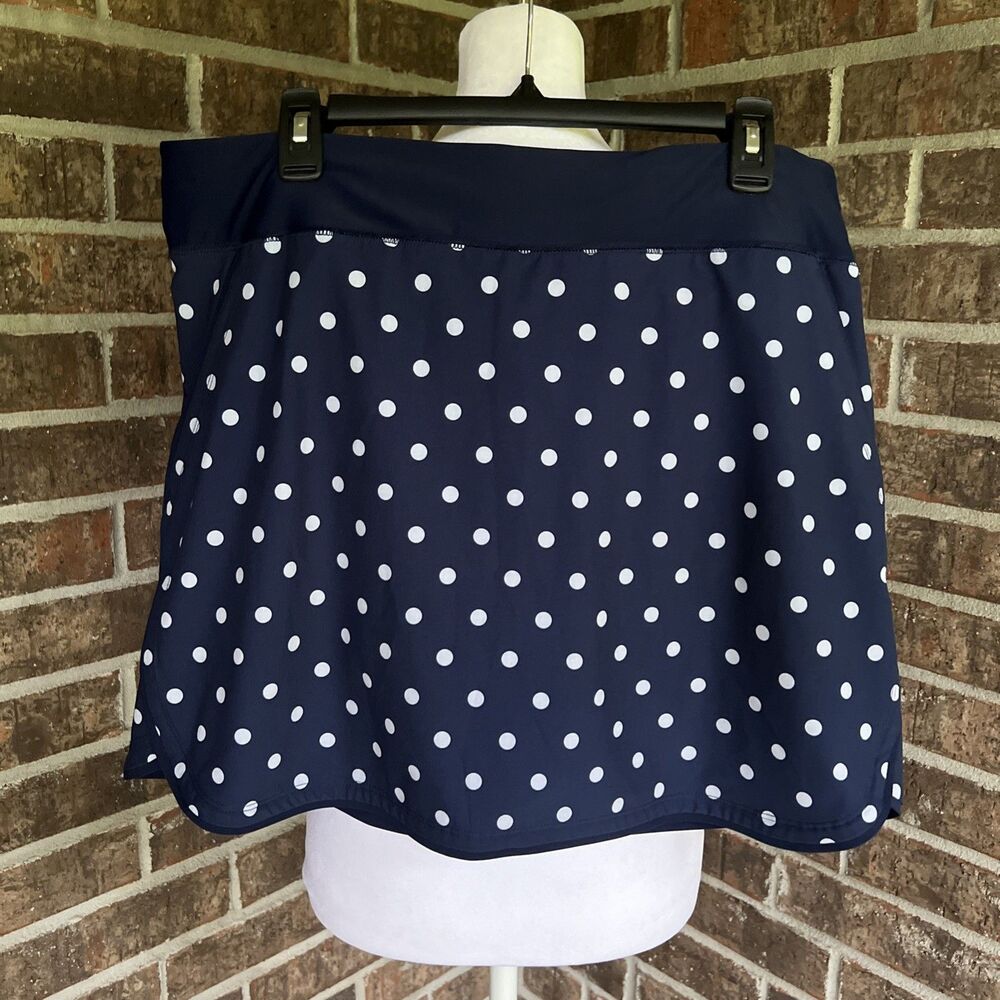 Land’s End Swim Skort Skirt Navy White Polka Dots Size 14 Pockets Beach Pool - Picture 2 of 14